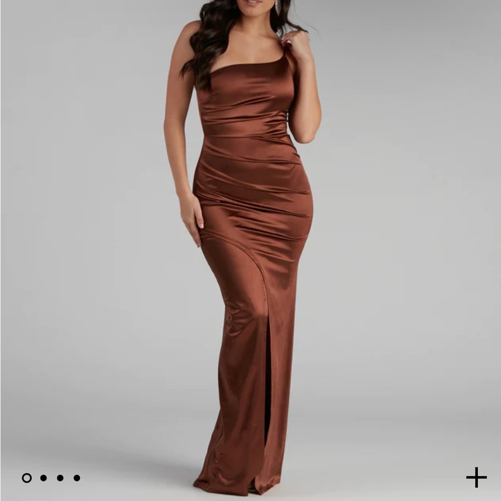 Beautiful brown silk dress one shoulder with side slit
